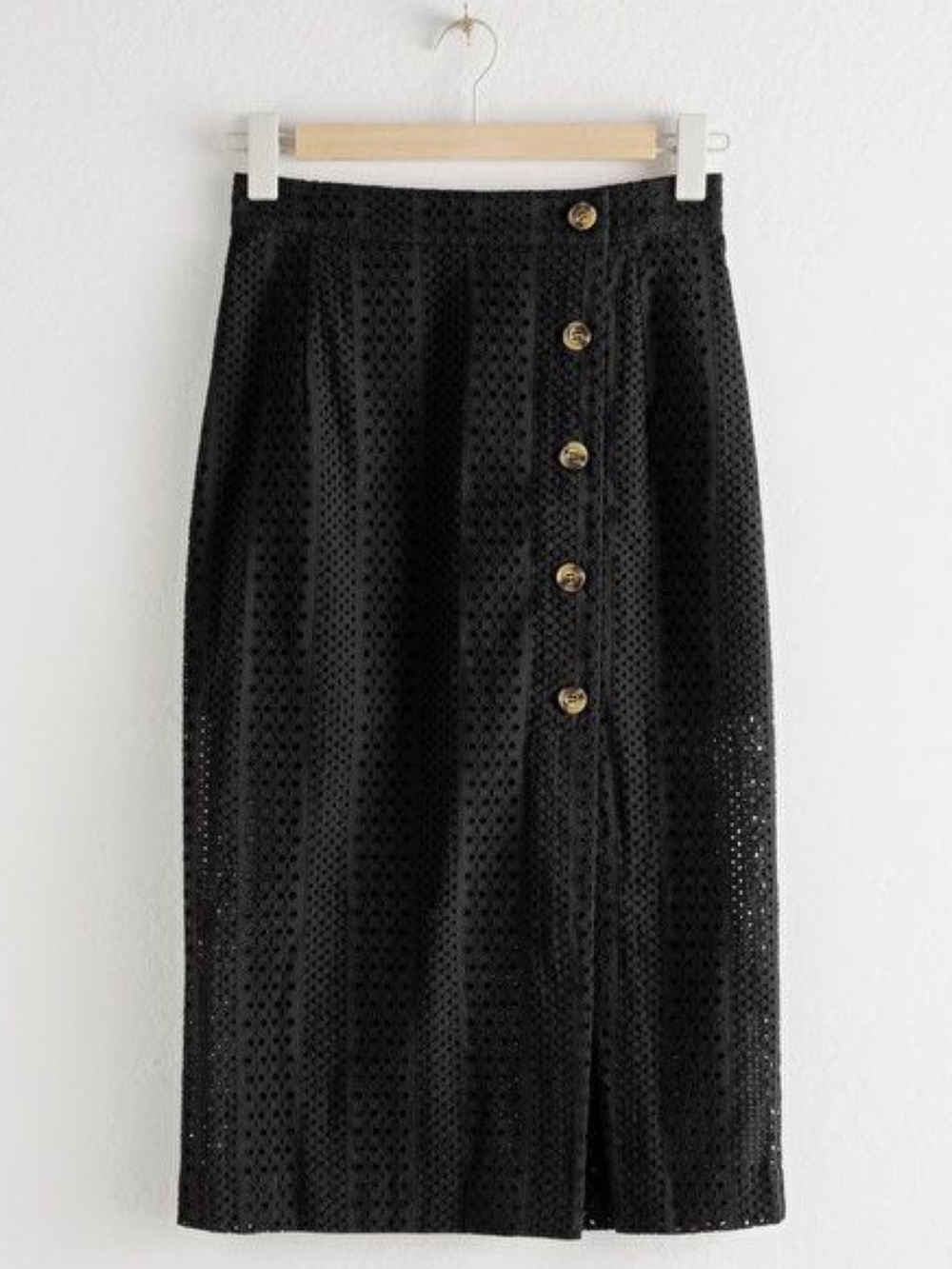 & Other Stories Leilani Black Eyelet Button-Front Midi Skirt Size 6 NWT